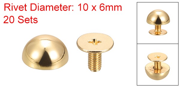 20 Sets Screw Back Rivets Solid Round Head Leather Studs Gold Tone 10x6mm