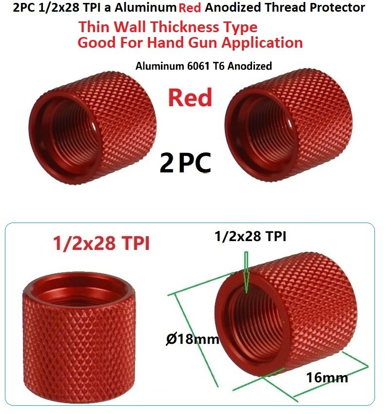 2 PC Red 1/2x28 TPI Thread Protector Thin Type For Hand Gun & Rifle Application