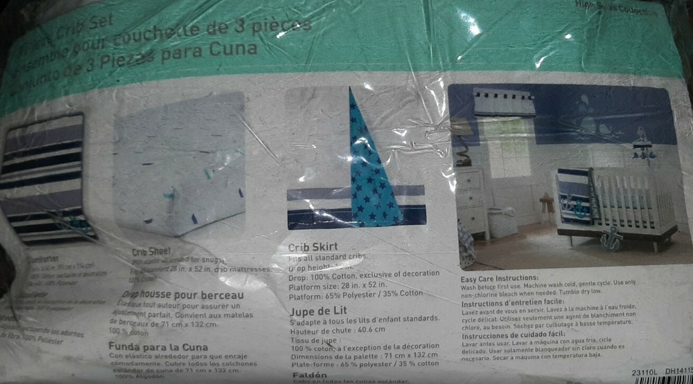 NEW HIGH SEAS 3PC CRIB SET NAVY BLUE & GRAY ANCHOR *