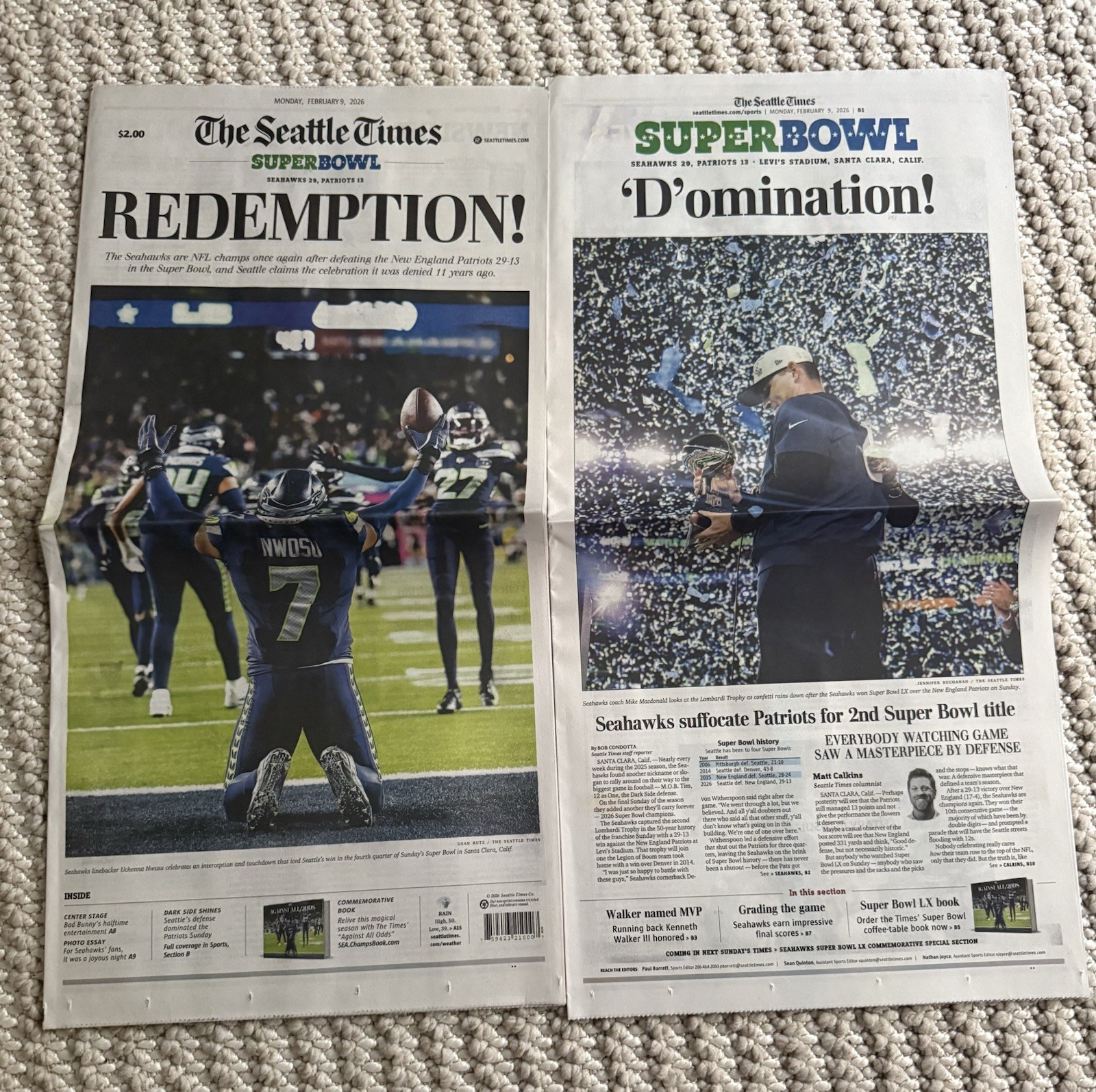 The Seattle Times Newspaper - Seahawks Super Bowl Redemption  2/9/2026 - NEW