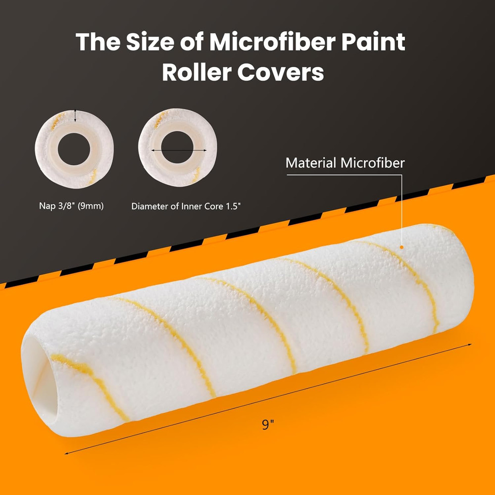 9 Microfiber Paint Roller Covers, 5 Pack, 3/8 Nap for Smooth, Fast Coverage