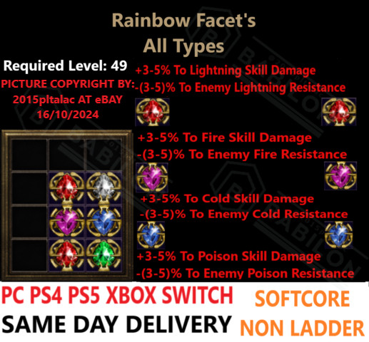 ✅PC PS4 PS5 XBOX SWITCH✅ Rainbow Facet's All Type Diablo 2 Resurrected Items D2R