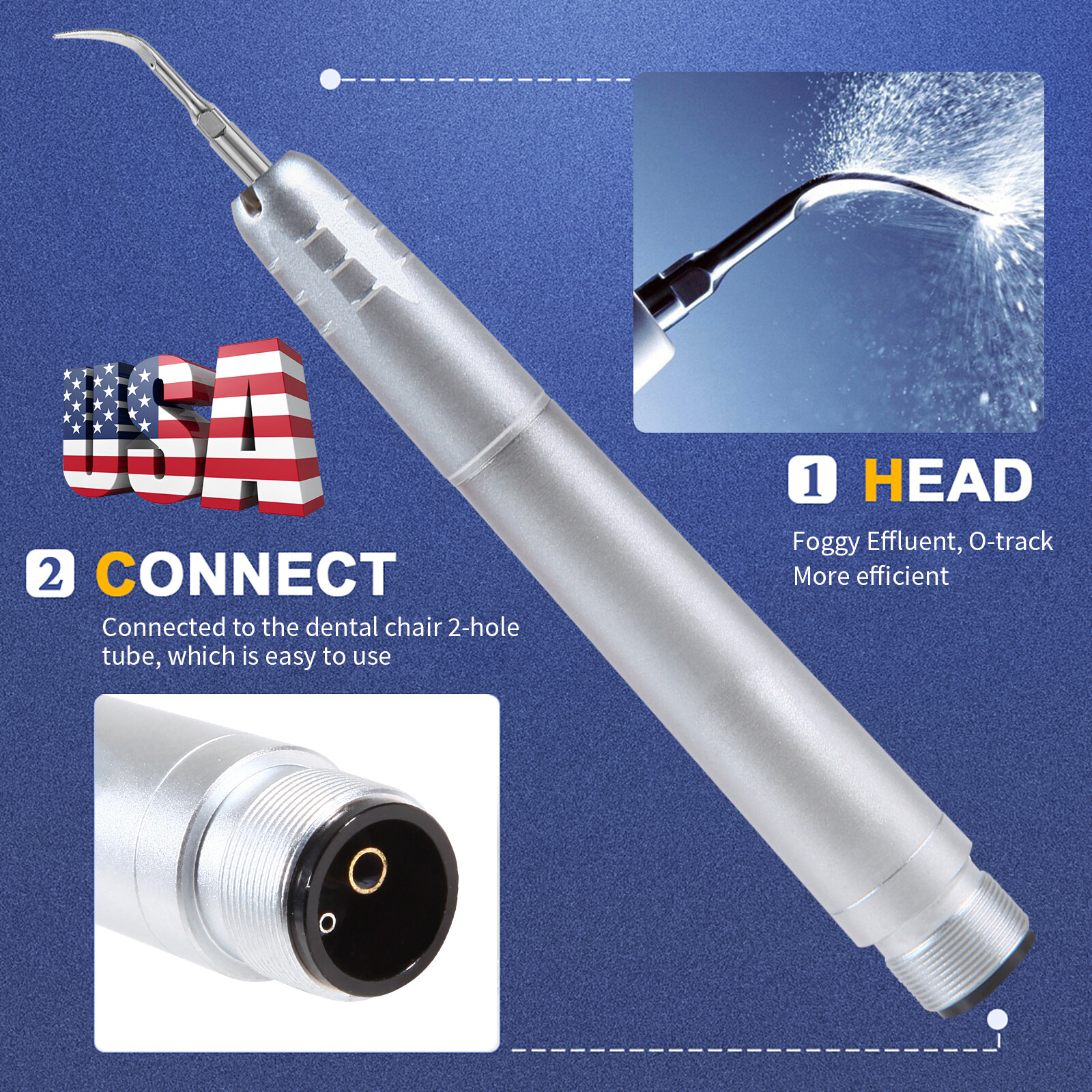 USA Dental Ultrasonic Air Perio Scaler Handpiece Hygienist 2/4-Holes With 3 Tips