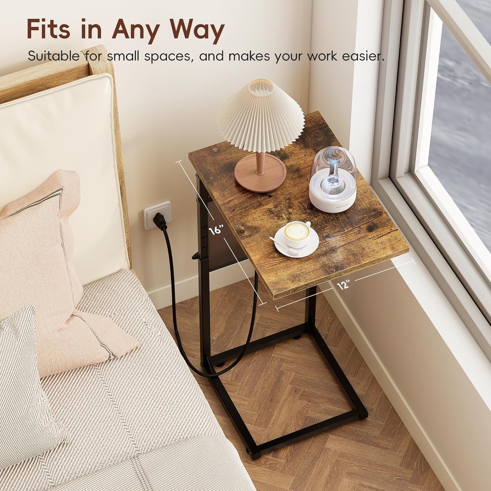 Vagusicc C Shaped End Table with Charging Station, Adjustable Rustic Brown
