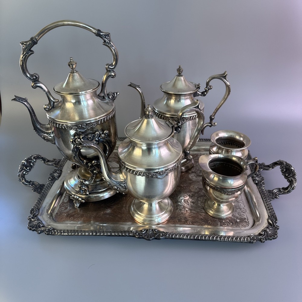 Vintage Silver on Copper Silver Plate 6-piece Coffee/Tea Service Set with Tray