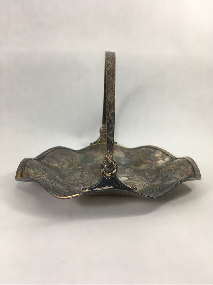 Tapestry Silverplate Floral Embossed Handled Basket Trinket Dish Display