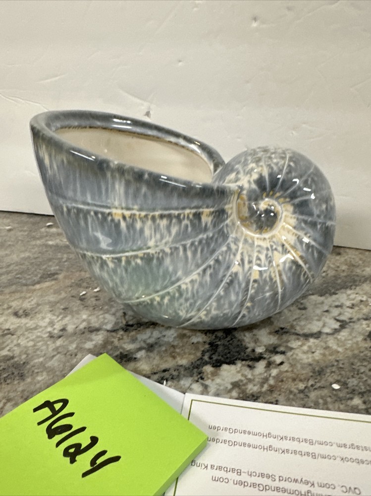Barbara King 7" Glazed Ceramic Seashell Planter Mottled Beach Ocean Blue/gray