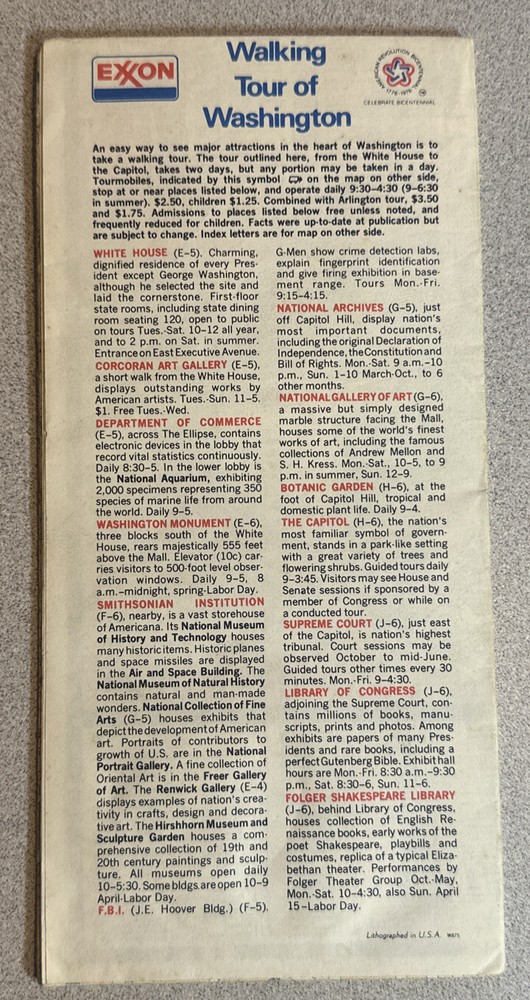 Exxon Washington DC Map and Visitor's Guide 1975