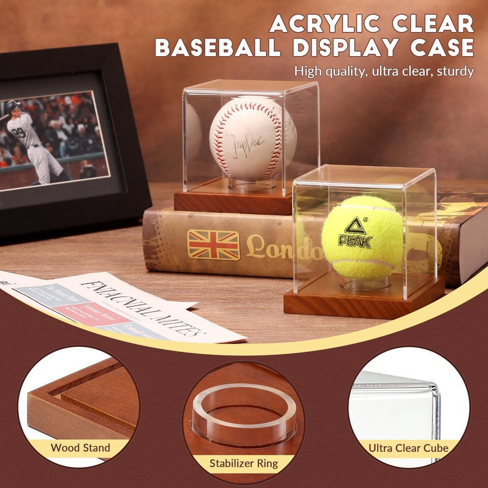JupDec Baseball Display Case, Clear Cube Holder with 2 Pack, Brown