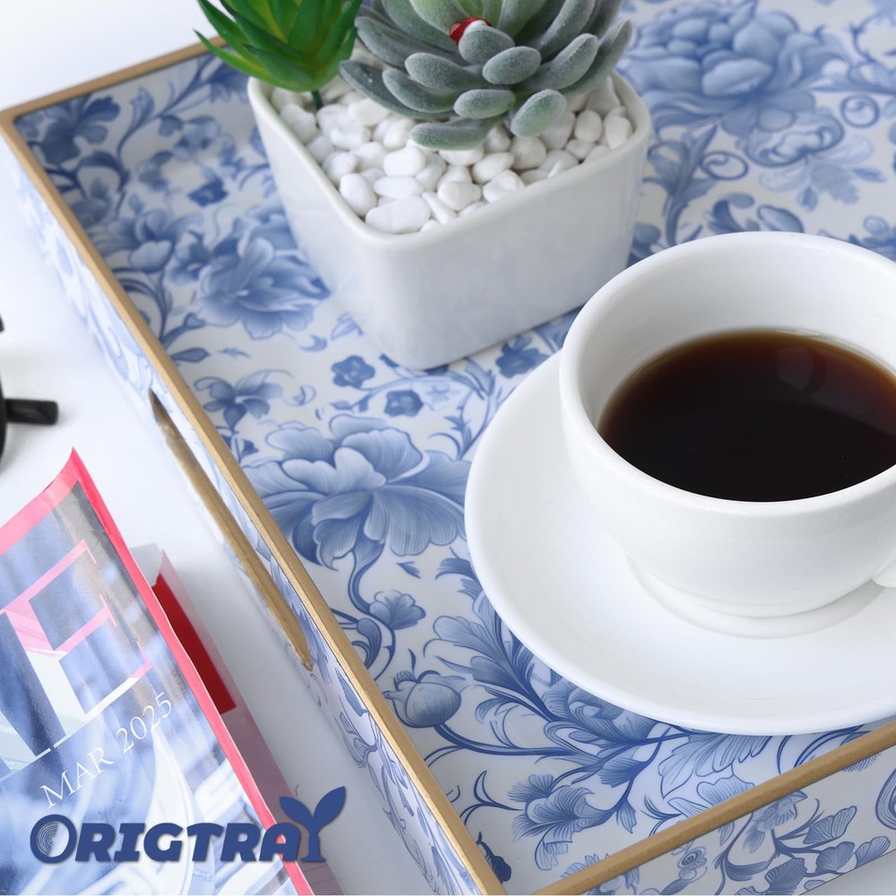 Serving Tray with Handles, Rectangular Plastic Tray 15.75x11.81 Inch, Blue an...