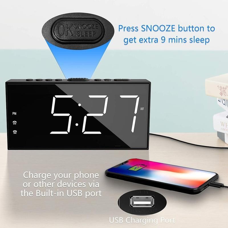 Loud Dual Alarm Clock W/ Large LCD Display USB Charging Dimmable Snooze Function