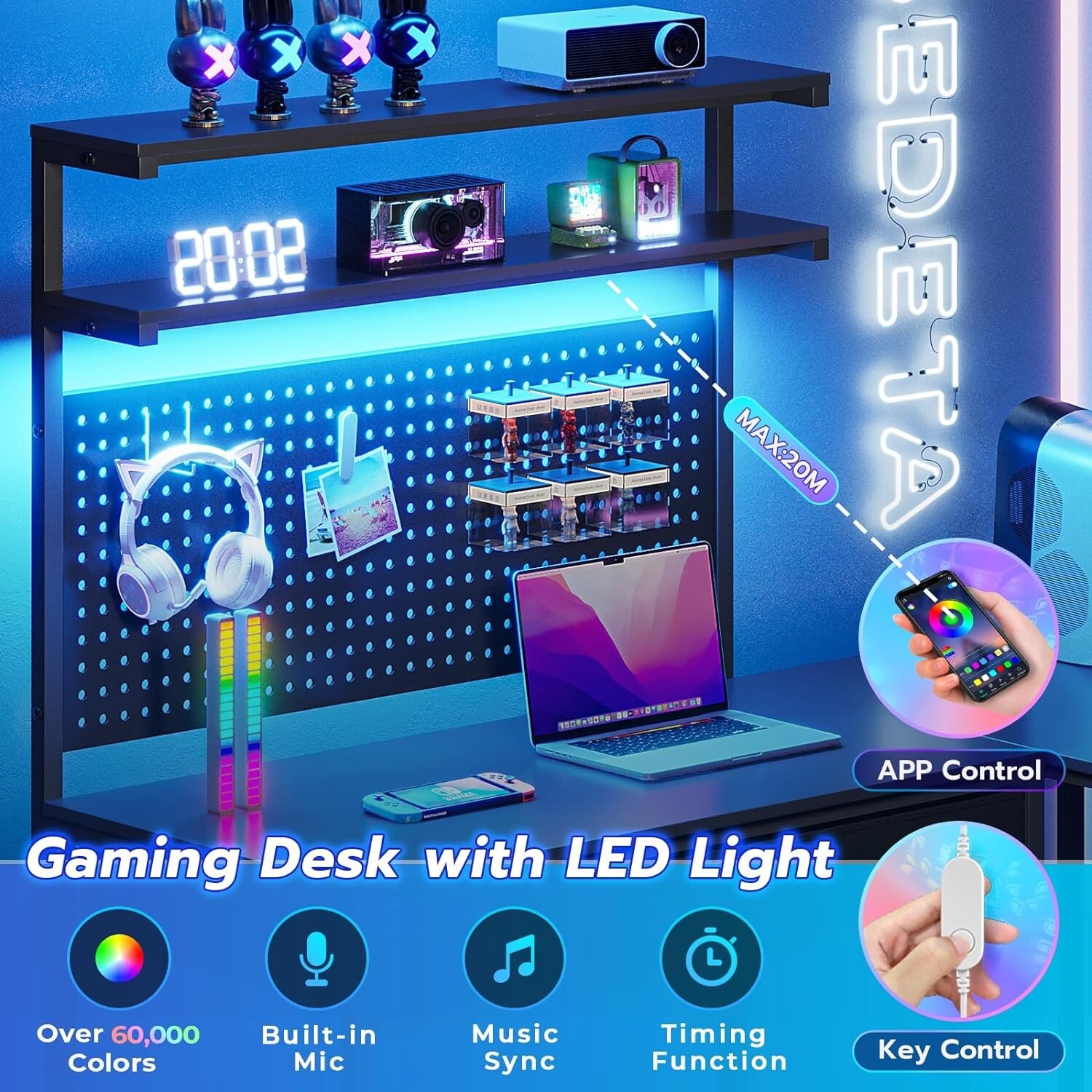 L Shaped Gaming Desk with LED Lights and Hutch, Computer Desk with Monitor Stand