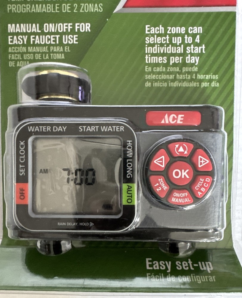 ACE 2-Zone Programmable Water Timer Manual On/Off Easy Set-Up #7005461 NEW