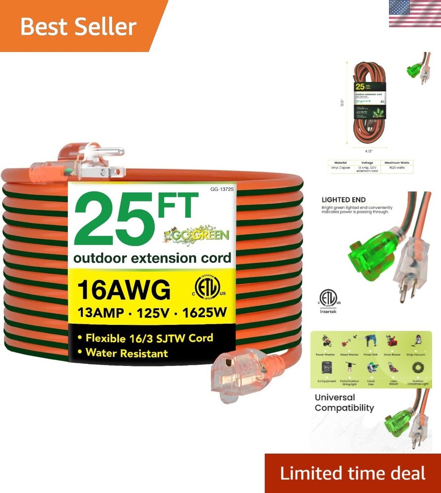 Durable 25ft Outdoor Extension Cord - Moisture Resistant for Heavy Tools