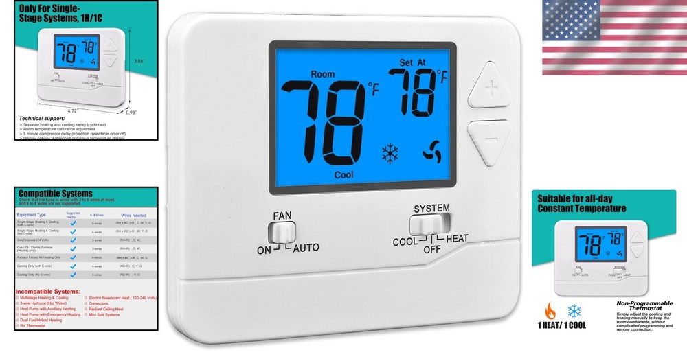 User-Friendly Non-Programmable Thermostat - Perfect for Heating & Cooling