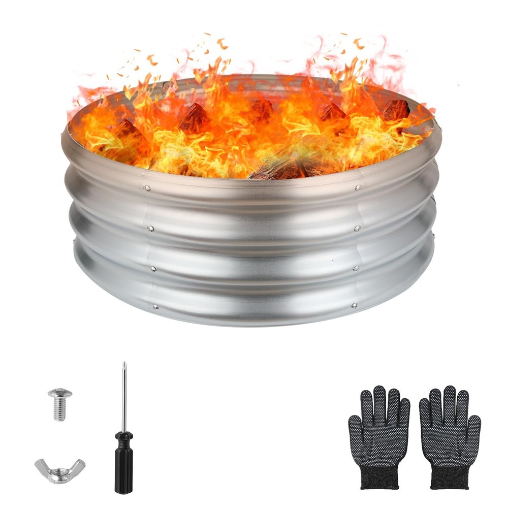 24 Inch Round Galvanized Fire Pit Ring, Silver Round Galvanized Fire Ring, 2 ...