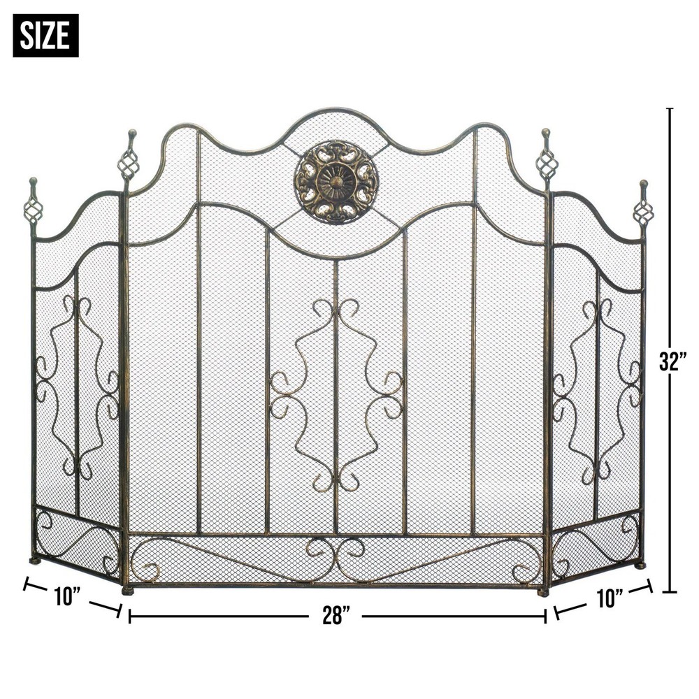 Victorian Black Fireplace Foldable Iron Screen 3 Panel Spark Ember Guard 32" H