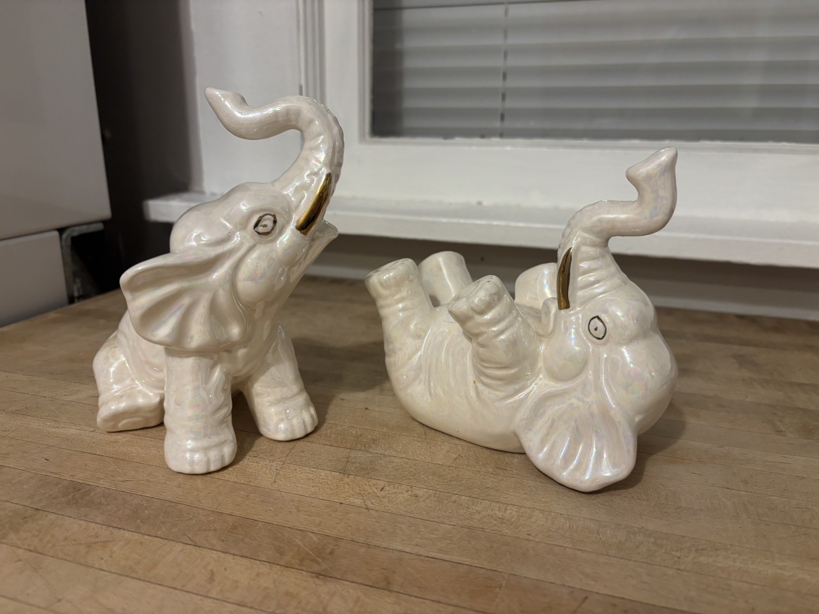 Vtg Lustreware Elephant Figurine 1950's Trunk Up LusterWare Gray & Pink MCM set