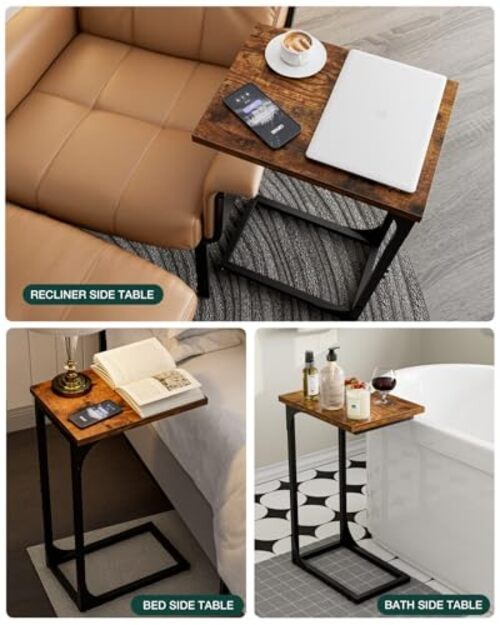 C-Shaped Side Table for Couch - Small 1-Pack Rustic Brown Without Power Outlets