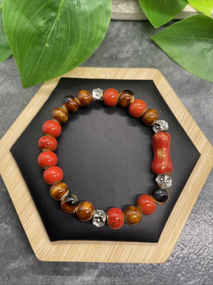 Handmade Ceramic Bead Beaded Stackable 6” Plus Stretch Bracelet New B301