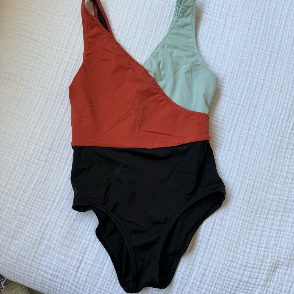 SOLID & STRIPED Red and Light Blue Swimsuit