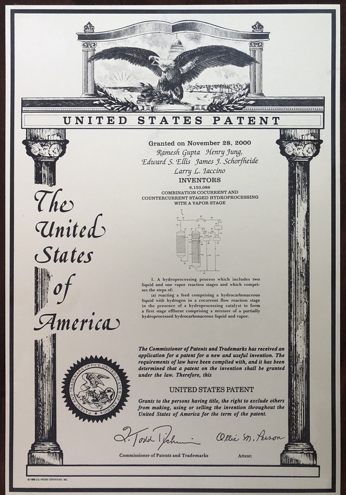 US Patent on Plaque Granted in 2000 for Hydroprocessing Process