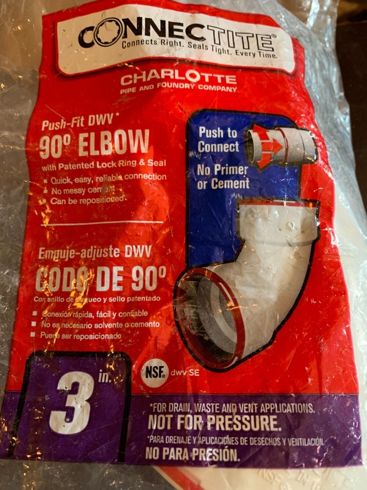 PIPE 90-degree Elbow 3" Push-Fit Drain, Waste, Vent applications ConnecTite NEW!