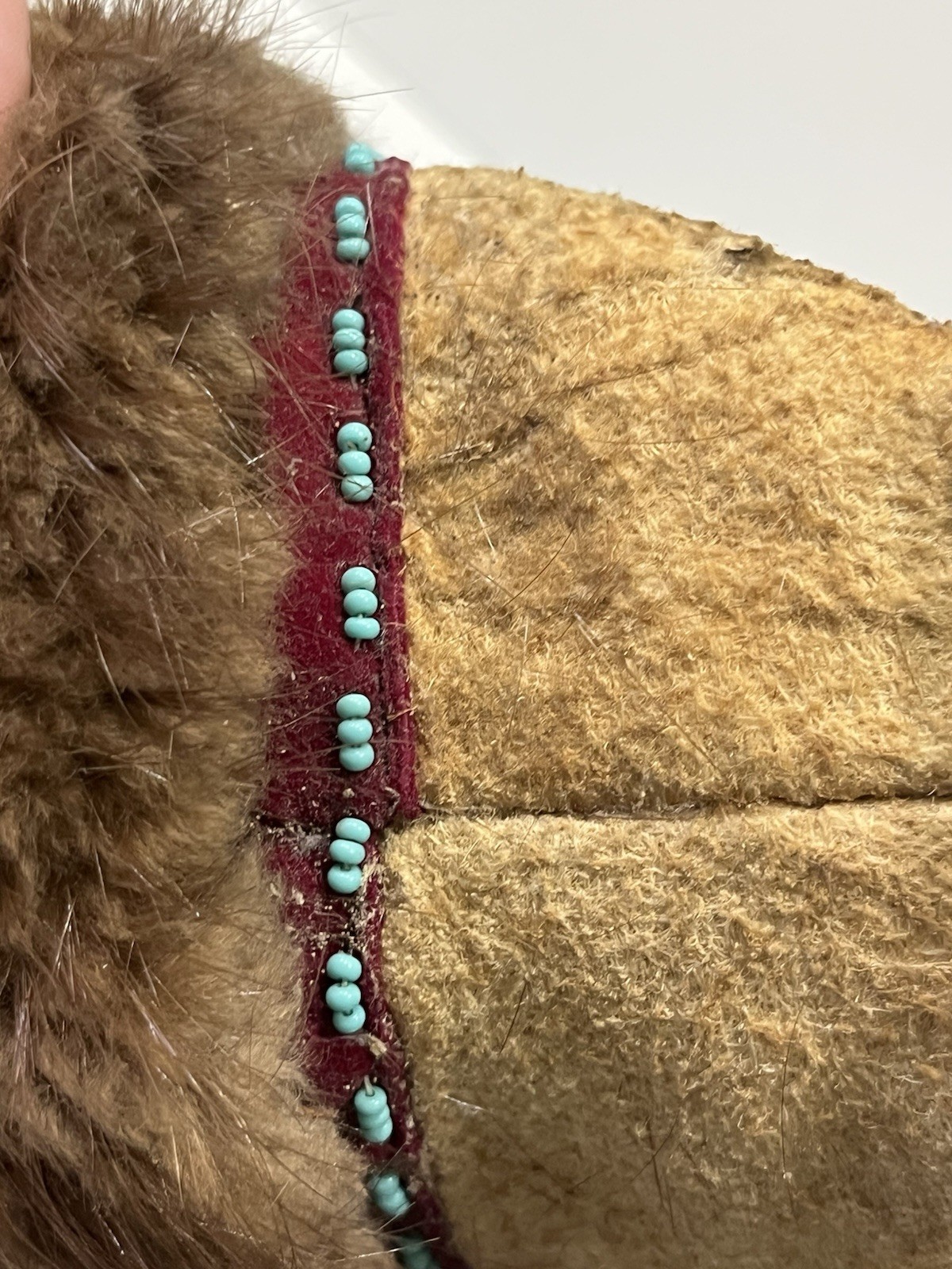 Single Vintage Beaded Indian Moccasin On Hide -Rabbit Fur With Floral Beading