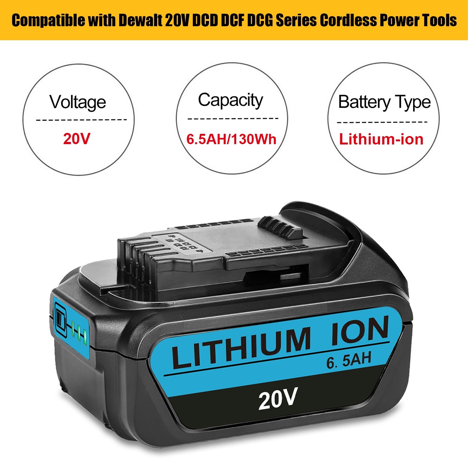 2Pack 6.5AH Battery Replacement For DeWalt 20V Max Lithium ion 20 Volt DCB206