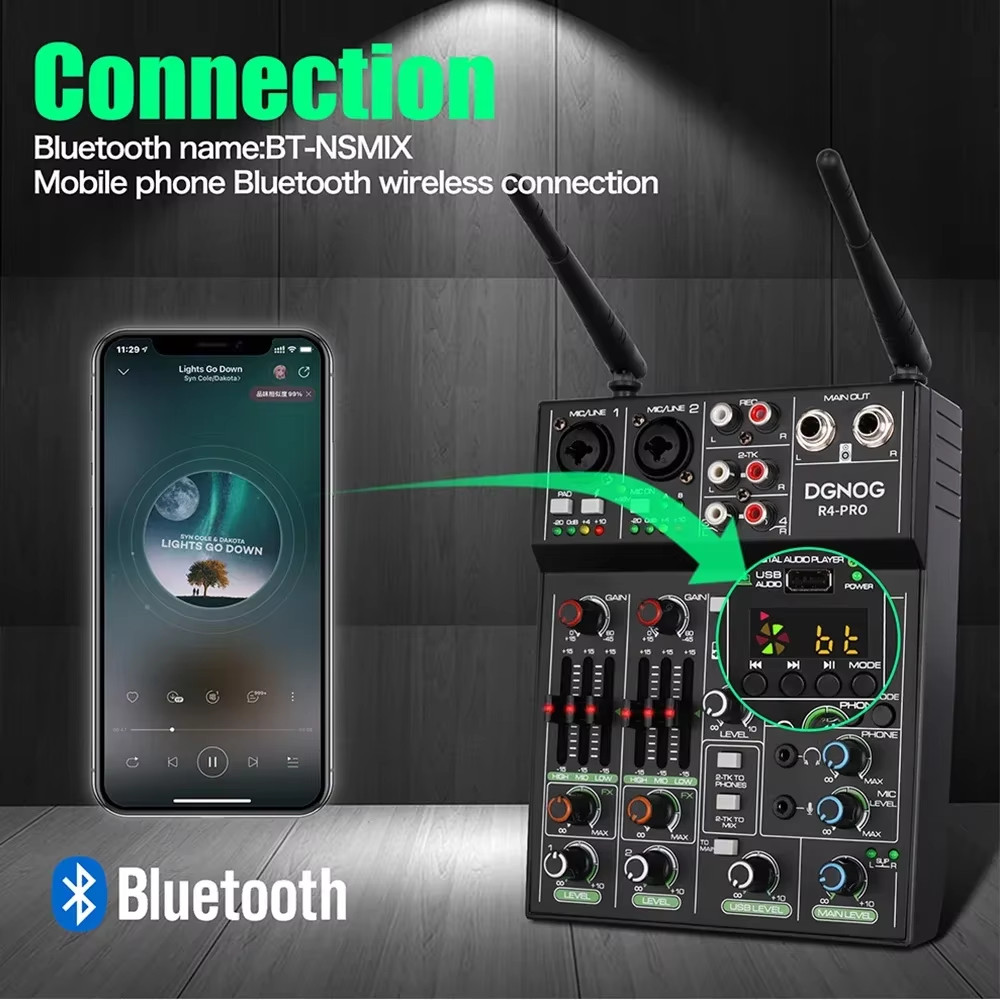 4 Channel Audio Mixer with Wireless Microphone USB Sound Table Bluetooth Console