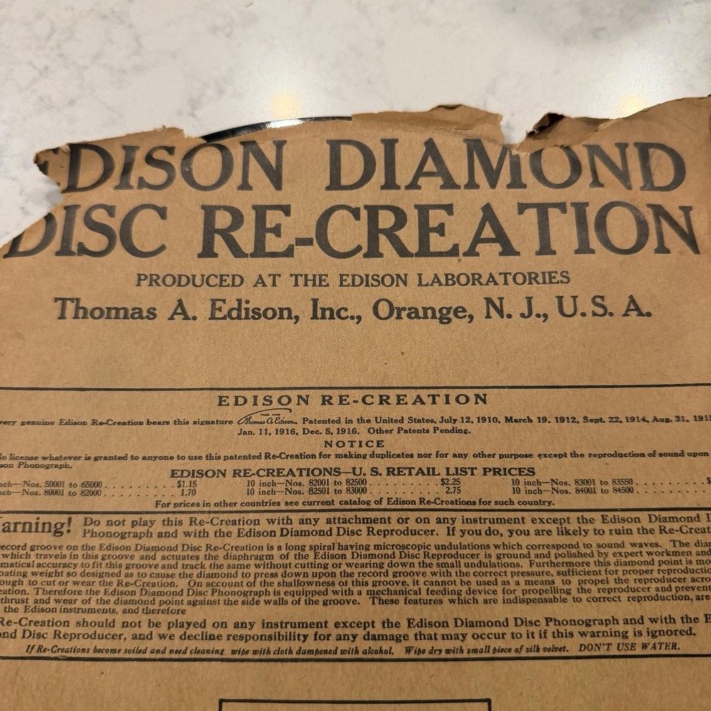 Edison Diamond Disc Re-Creation Early 1900s Record