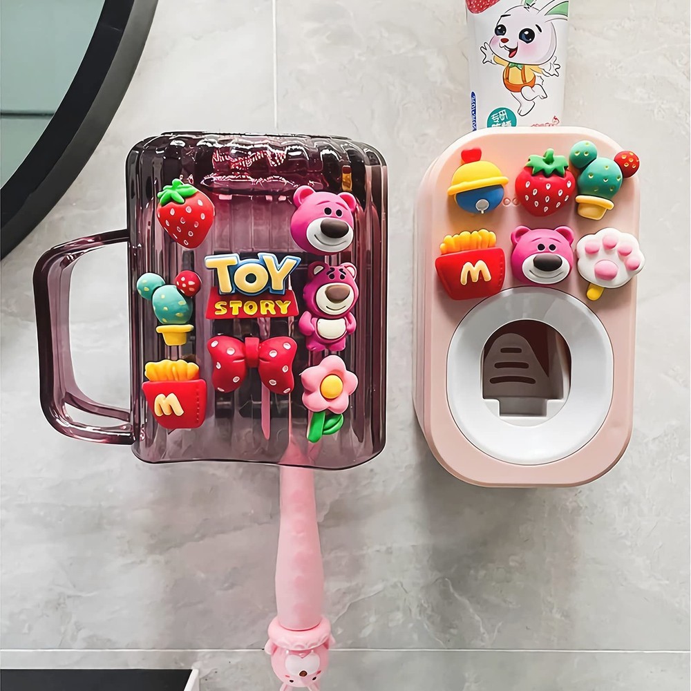 Automatic Toothpaste Dispenser & Holders and Wall 3pc, Pink Set