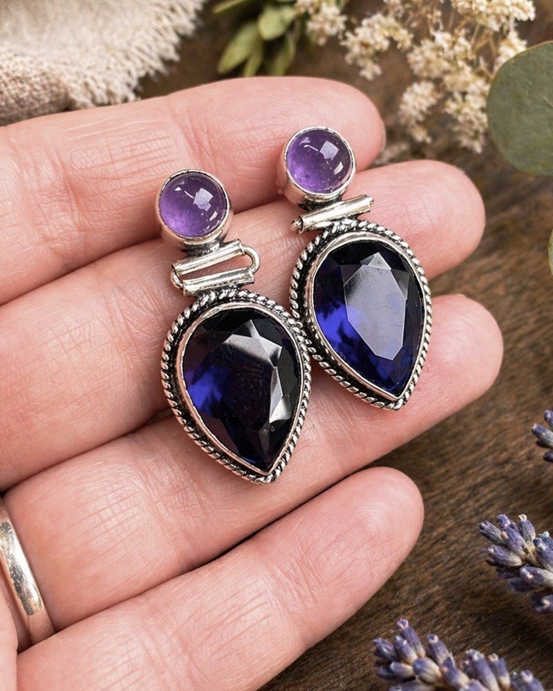 Amethyst & Tanzanite Gemstone Post/Stud 1.4” Earrings