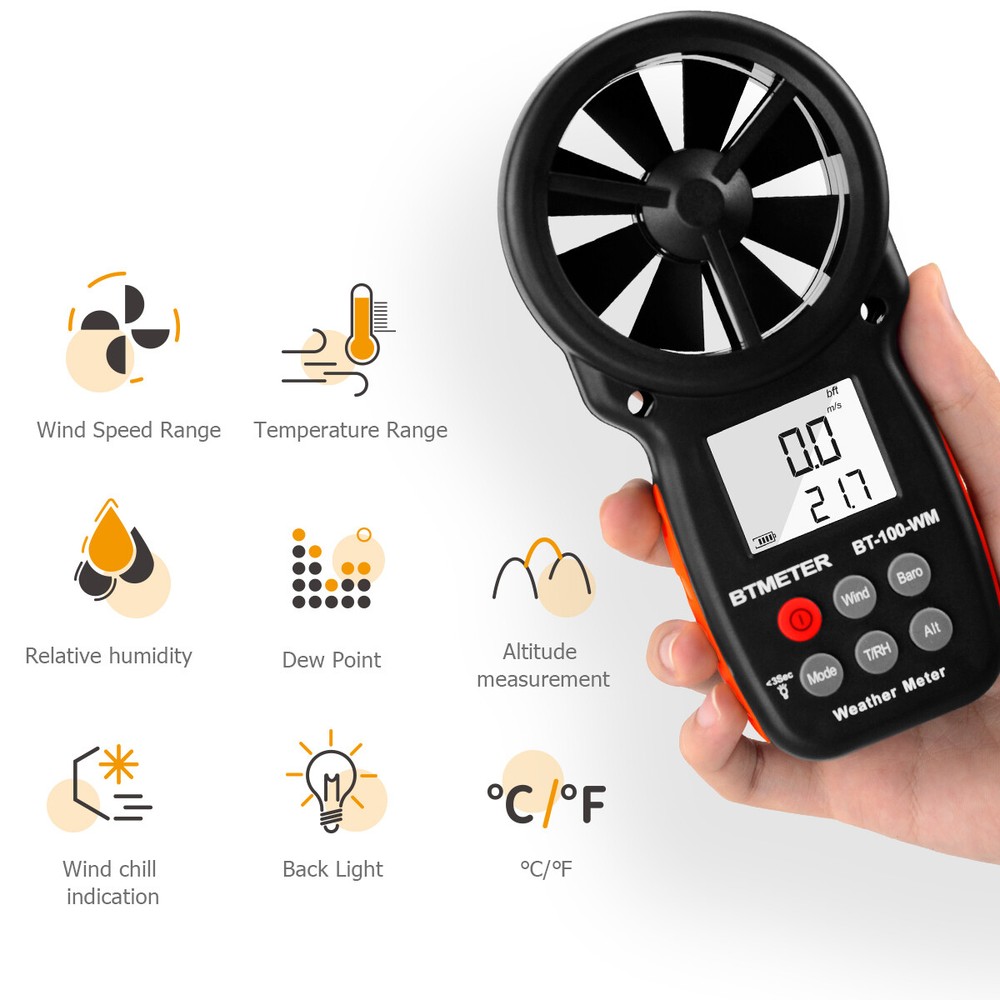US BTMETER Wind Speed Meter Temperature Altitude Humidity Anemometer Barometer