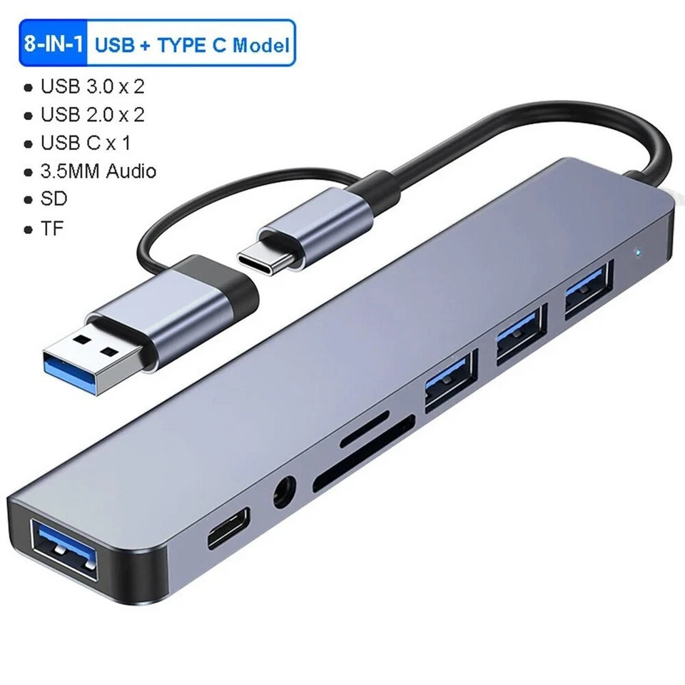8 Port USB-C Hub Type Adapter 5G Speed Multi USB Splitter for PC Laptop Macbook