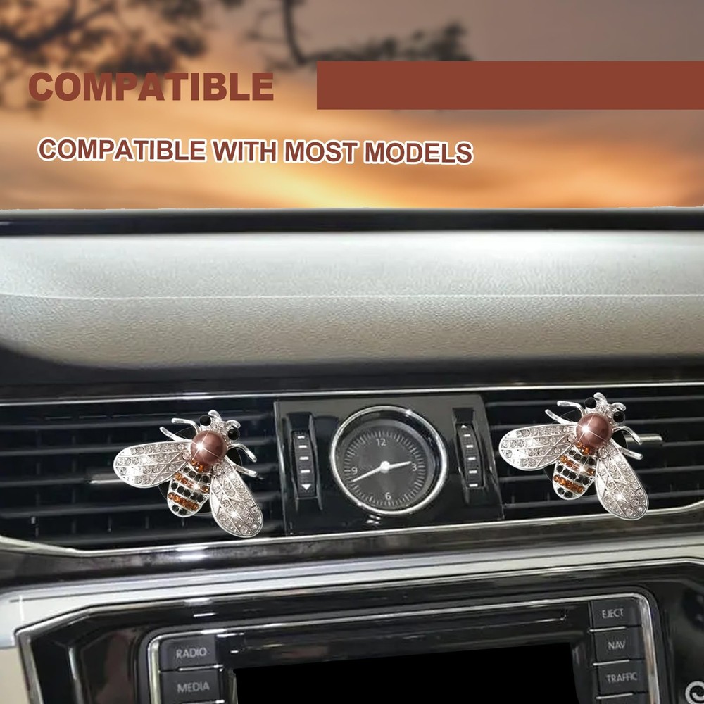 2 Pcs Shiny Bee Vent Clips, Car Diffuser Clip Rhinestone Diamond Silver