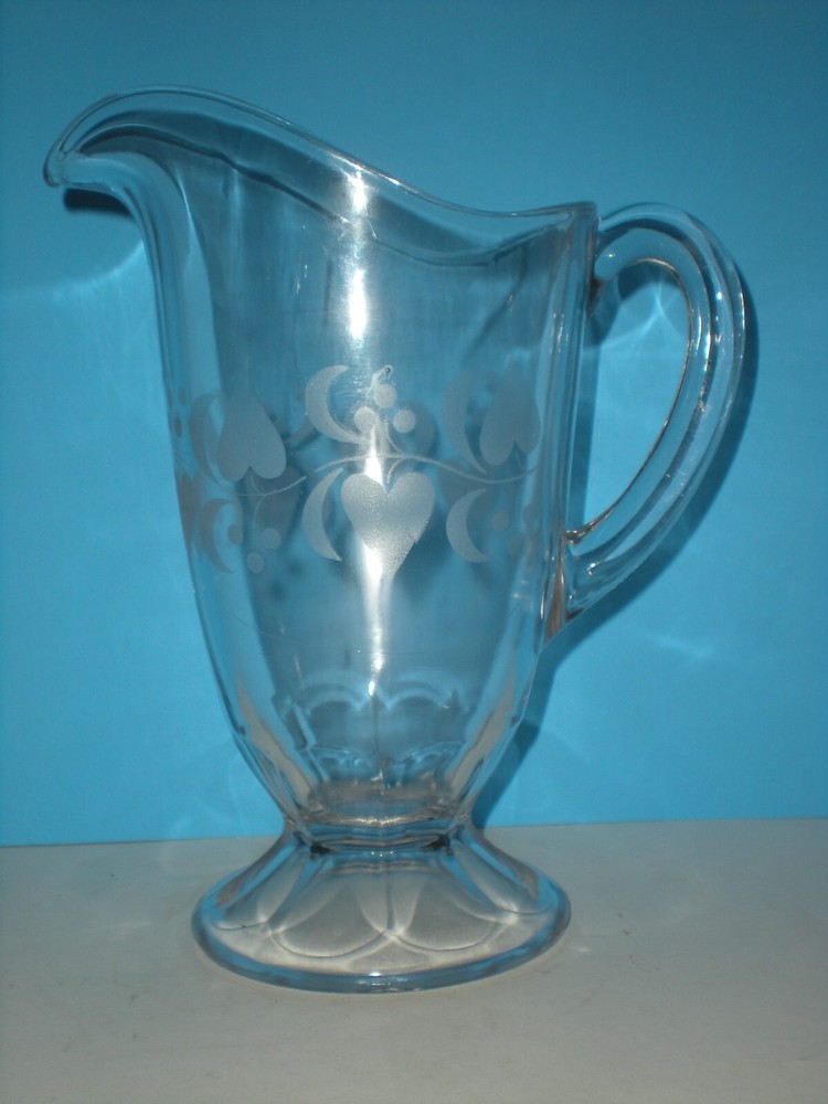 Pitcher Etched Heart & Crescent Moon Footed Antique vtg