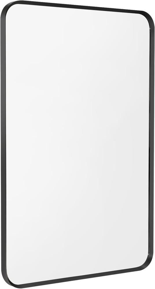Wall Mount Mirror Bathroom Brush Black Metal Framed Rounded Corner Rectangular