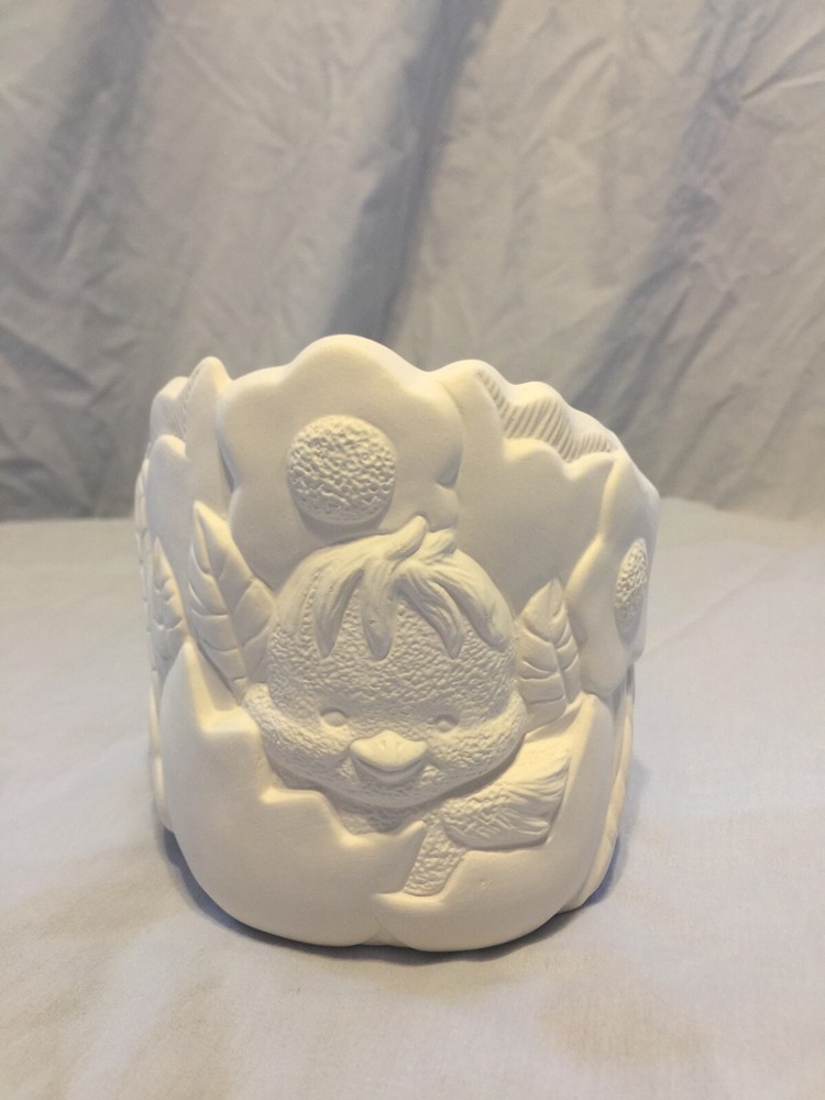 Basket w/Chick & Flowers Dish Planter Easter Spring Ceramic Bisque Ready 2 Paint