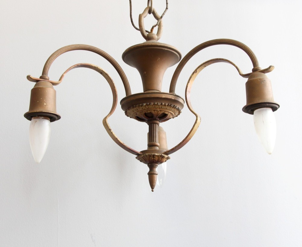 1940s Brass 3 Arm Down Light Chandelier