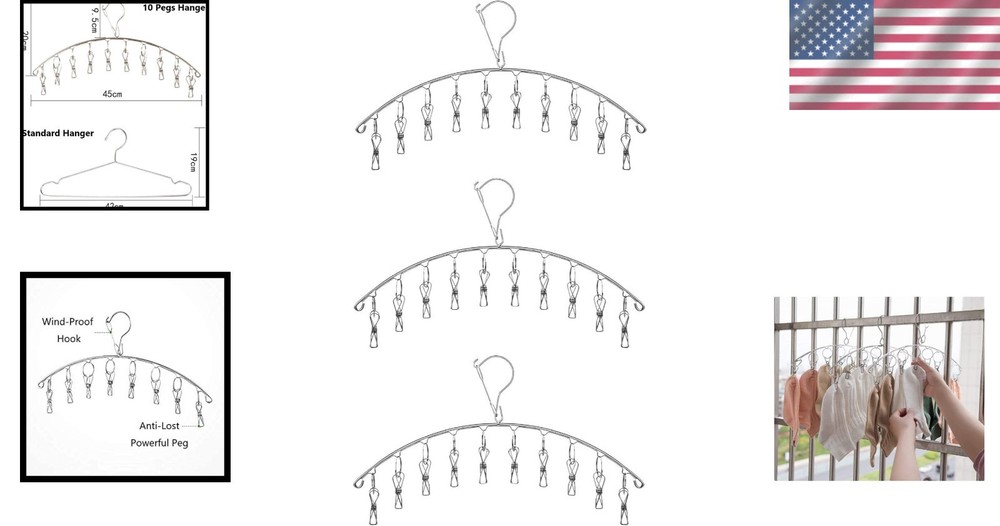 3-Pack Stainless Steel Drying Rack with 10 Clips - Space-Saving Laundry Solution
