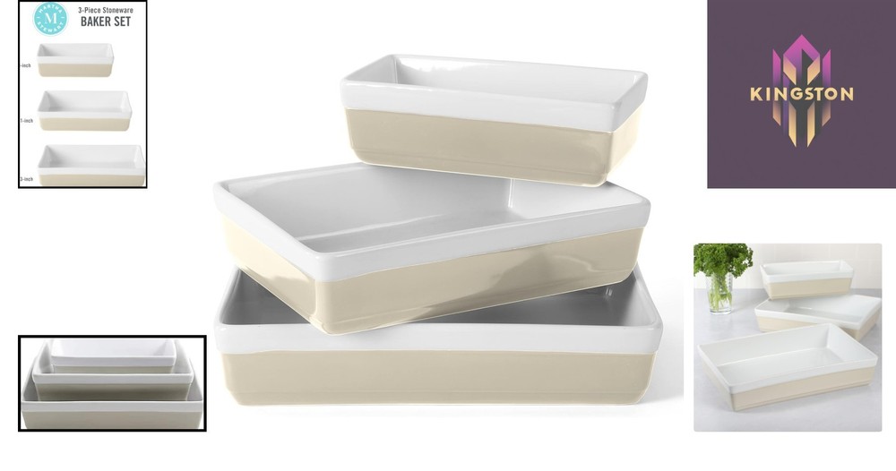 Charming 3-Piece Stoneware Casserole Set – Smooth Glazed Interior, Stackable