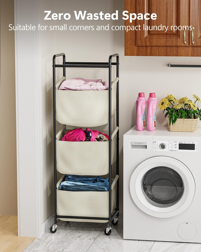 Moforoco Vertical Laundry Sorter 3 Section with Removable With Wheel, Beige
