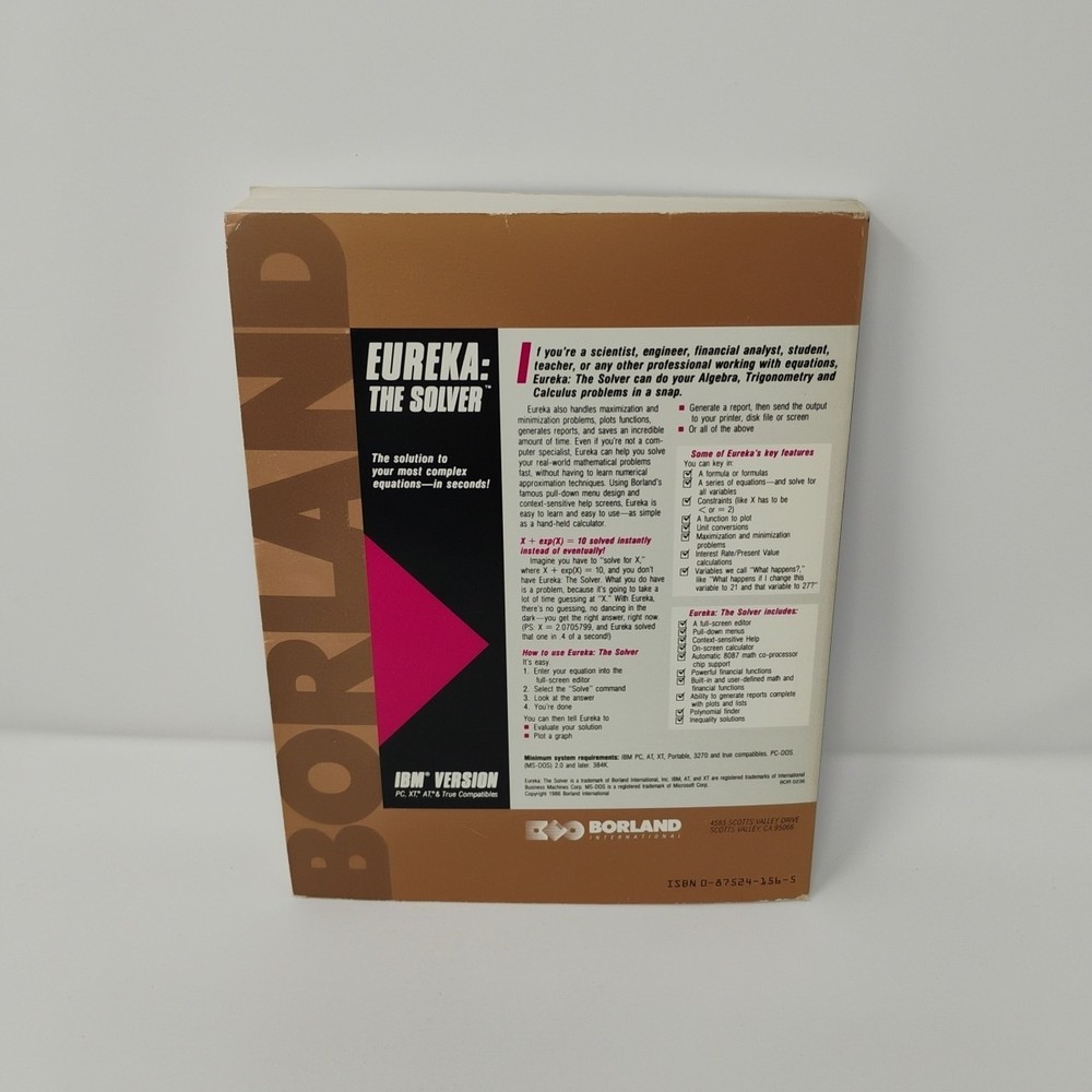 Borland Eureka The Solver 5.25" Floppy Disk Computer Software & Owner's Handbook