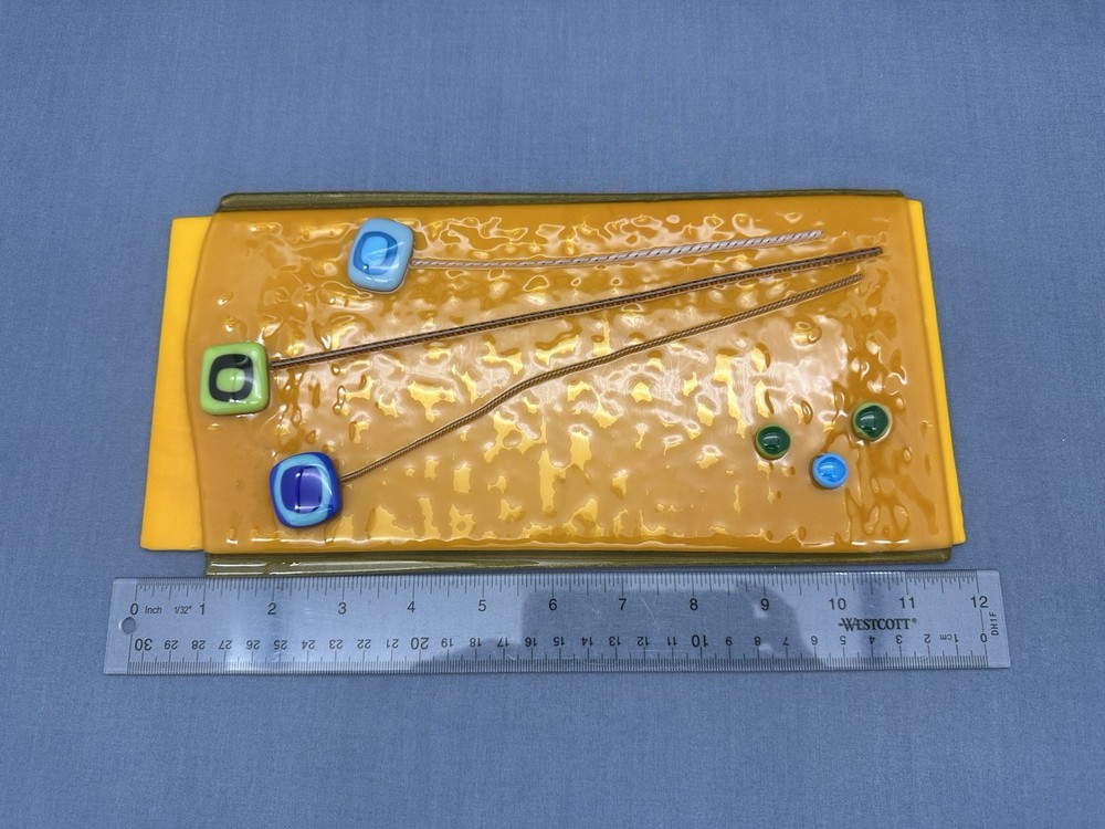 FUSED GLASS Rectangular 12" ART PANEL Orange ABSTRACT Signed DECORATIVE PLATE
