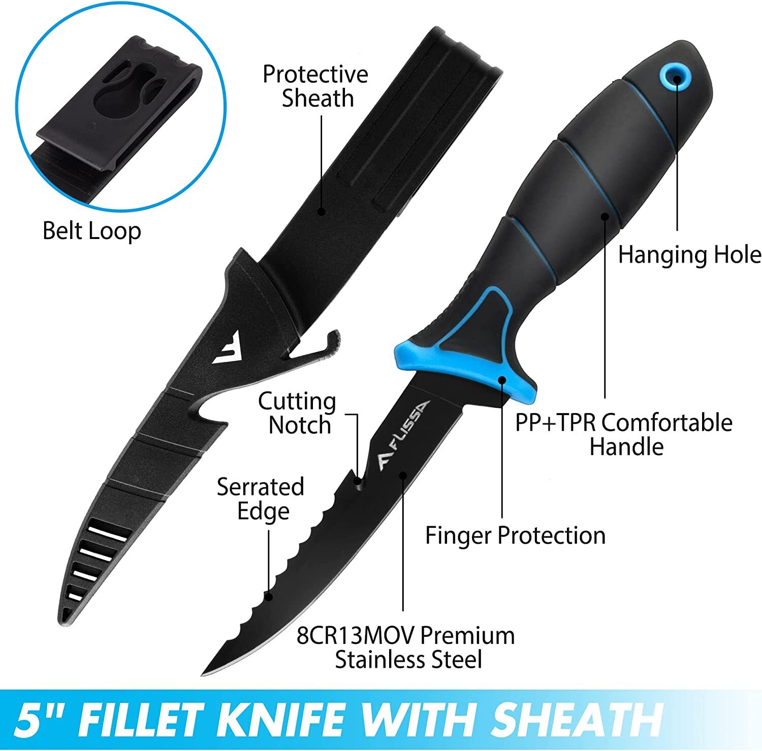FLISSA Fillet Knife 5''/6''/7''/9''Cutting Notch Non-Slip Handle Lanyard Hole