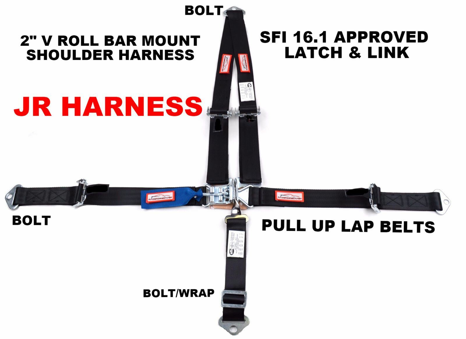 QUARTER MIDGET RACING HARNES SFI 16.1 5 POINT 2" LATCH & LINK SEAT BELT BLACK