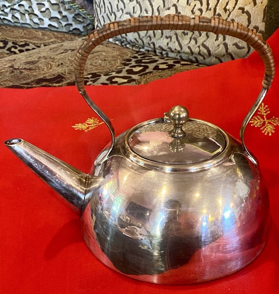 BRITISH Silver/Plated TEAPOT WICKER Handle Latched Lid EUC Modernist