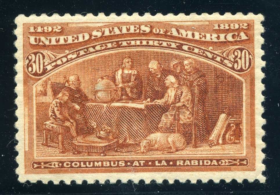 239, 30¢ Columbian, Mint Hinged, small thin, Well Centered, Scott $225
