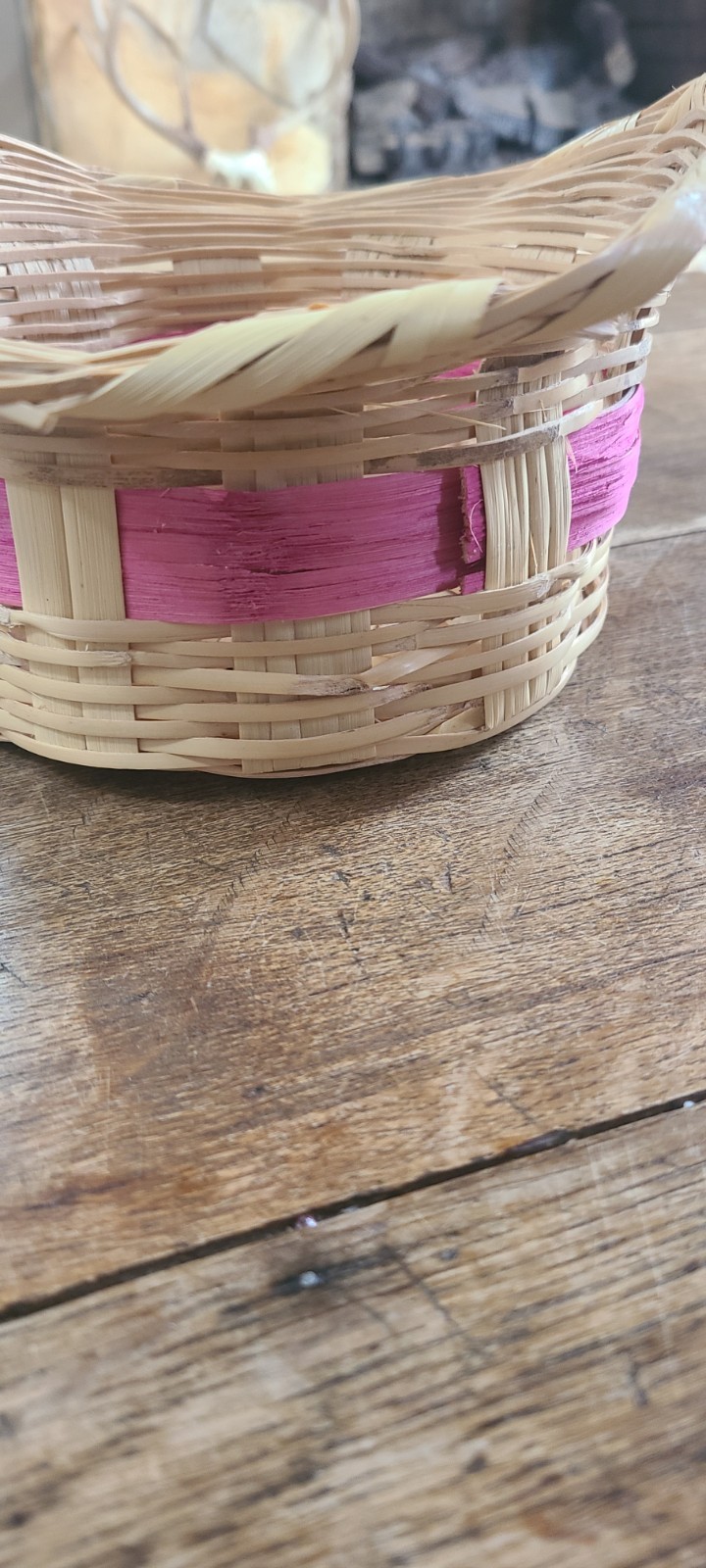 Vintage Woven Easter Basket Pink Green Handle Mexico 70s Traditional 9 X 11